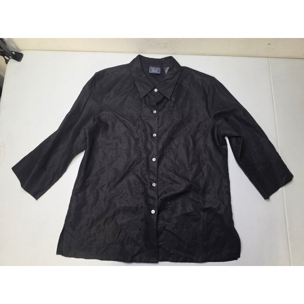 Laura Scott Petite Black Linen Blend Embroidered Beaded Button Down Shirt 10P